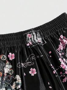 ROMWE MEN Anime Men's Summer Casual Chinese Dragon & Floral Print Elastic Waist Shorts - Black - View 3
