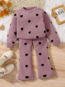 LMoss  2pcs/Set Young Girl Round Neck Heart Print Loose Casual Pullover And Flared Pants Sweater Set Girls Sweater Sets Girls Comfy Set Kids Two Piece Set Girl Fall Sets Winter Young Girls Sets Girls Co Ord Set Girl Clothes Sets Fall Sweaters Girls Heart Sweater Set Girls Two Piece Sweater Set Toddler Girl Sweater Sets Kids Heart Sweater Outfit Girls Knit Set - Pink - View 6