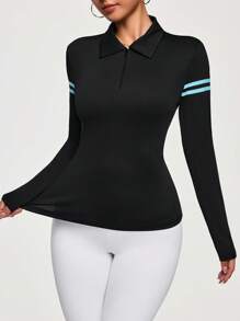 Easithlete Easithlete Camiseta polo deportiva de mujer de manga larga a rayas con media cremallera - Negro - Ver 3