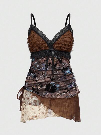 Hippie Abito vintage a più strati con orlo asimmetrico a balze di taglia grande per donne, con texture floccata