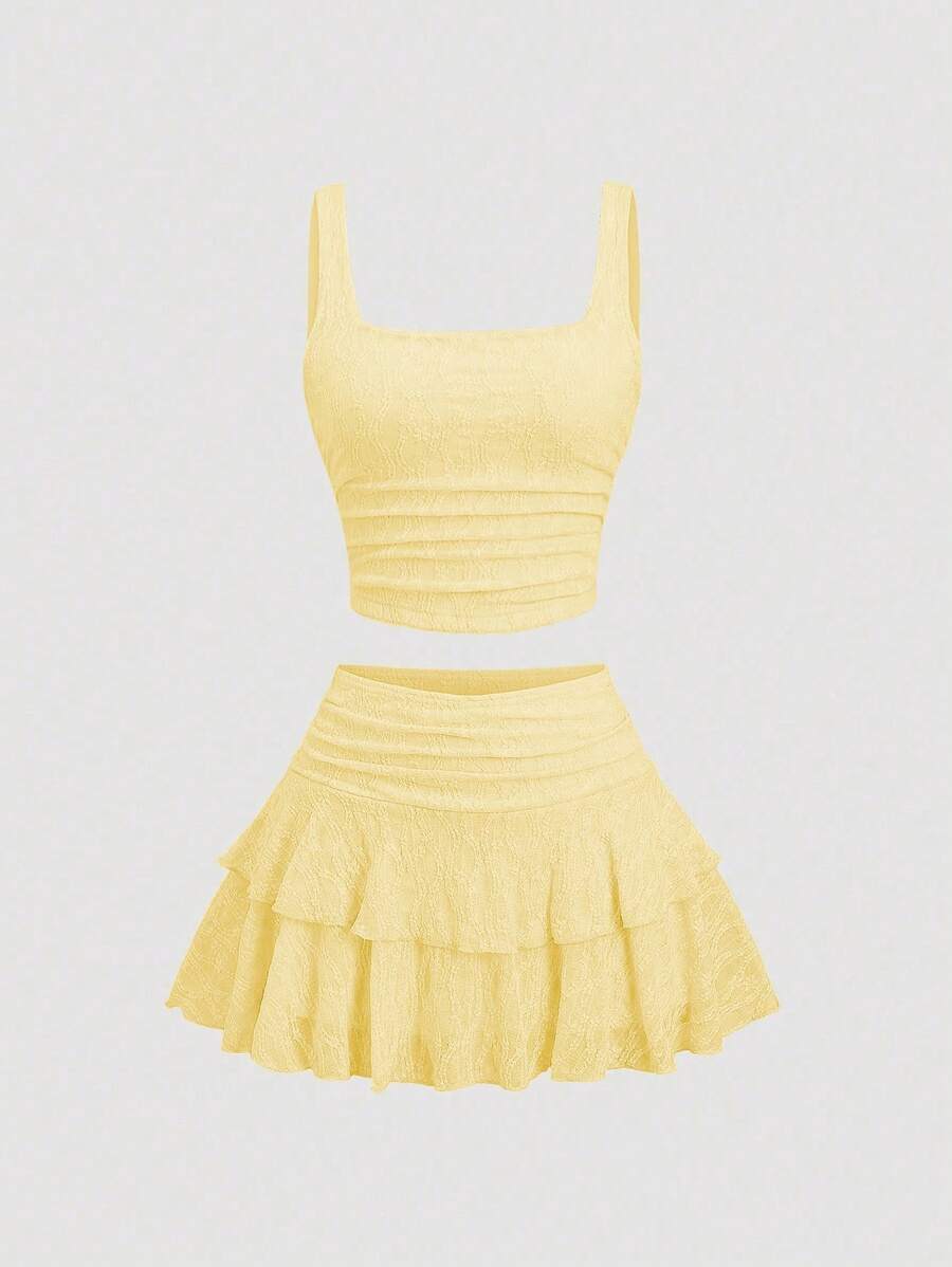 Sweetra Women's Spring/Summer European & American Style Lace Ruffle Camisole Top And Pleated Mini Skirt Set, Versatile For Casual, Holiday, Daily Wear - Yellow - View 1