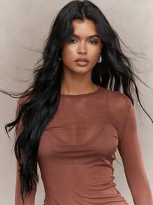 MISSGUIDED PLUS 加大码透明网眼长袖上衣晚会俱乐部服装透明修身衬衫现代秋冬时尚 - 棕色 - 查看 3