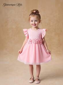 Glamorique Kids Girls' Wedding Flower Girl Elegant 3D Floral Gauze Cap Sleeve Dress, Suitable For Parties, Festivals, Summer Baby Girls Party Dresses Pink Dress For Girls Pink Flower Girl Dress Fall Winter - Pink - View 1