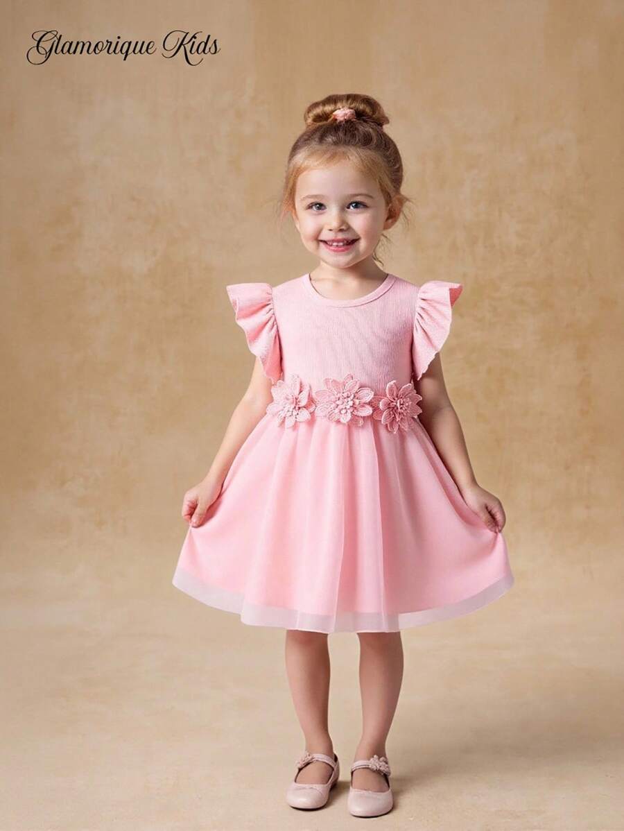 Glamorique Kids Girls' Wedding Flower Girl Elegant 3D Floral Gauze Cap Sleeve Dress, Suitable For Parties, Festivals, Summer Baby Girls Party Dresses Pink Dress For Girls Pink Flower Girl Dress Fall Winter - Pink - View 1