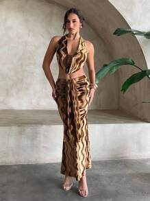 Aloruh 女士驼色宽松领口露背吊带上衣 - 棕色 - 查看 4