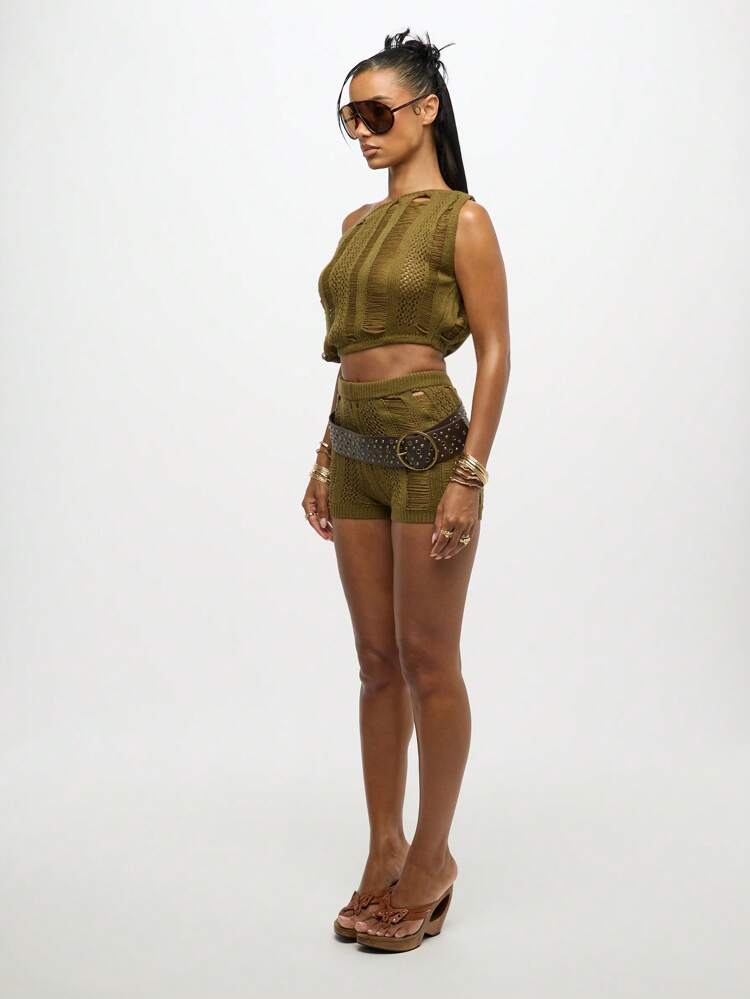 SUMWON Crochet One Shoulder Knit Crop Top Summer Festival Boho Beach Bohemian Resort Wear Distressed Cutout Pattern Fashion Knitwear