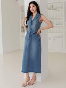 DAZY 女款水洗休闲风翻领背心和牛仔裙套装 - 藍色 - 查看 6