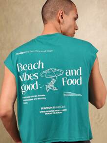 SUMWON Summer Beach Resort Tank Crop Vest Sleeveless Top Amalfi Coast Print Resort Club Vacation Wear Retro Design