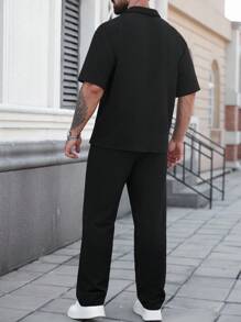 Manfinity Homme 1 套男士格子纯色提花短袖衬衫 + 抽绳松紧腰裤，夏季男士必备服装