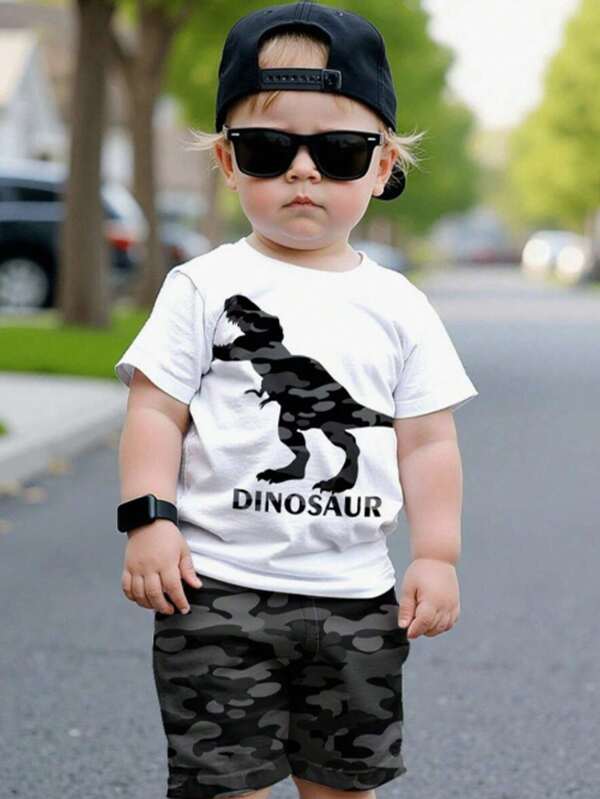 DINO, DINOZAURY, STREETSTYLE, Kolekcja Kids' Choice, Codzienne podstawy, Szczęśliwe dzieci, Pastelowe kolory dla dzieci, Bikercore, Wycieczka rodzinna, Szczęśliwe dni, Kocham mamę, Kocham tatę, Piękny dom, Fajne dzieci, Zestaw 2 szt. dla chłopca, luźne, okrągłe, krótkie spodenki z krótkim rękawem, odpowiednie na lato