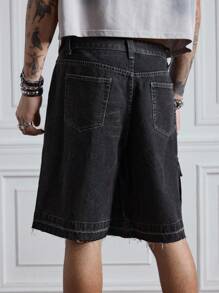 ROMWE MEN Street Life Pantalones cortos de mezclilla casuales para hombre con grafiti pintado a mano - Negro - Ver 2