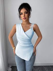 Elenzga Women's Elegant Satin Sleeveless Asymmetrical Lace Trim Camisole Tank Tops, Suitable For Casual Daily Life, Parties And Gatherings - Baby Blue - View 5