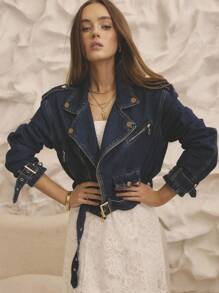 Aralina Winter / Summer Cropped Denim Biker Jacket With Gold Trim Details