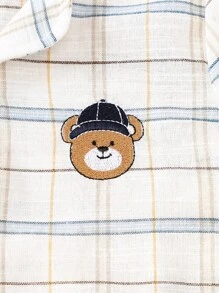 2 件套男童棉麻格子图案开衫，刺绣熊图案，舒适柔软，四季男童睡衣套装儿童睡衣套装格子睡衣套装男童睡衣套装 - 白色 - 查看 3