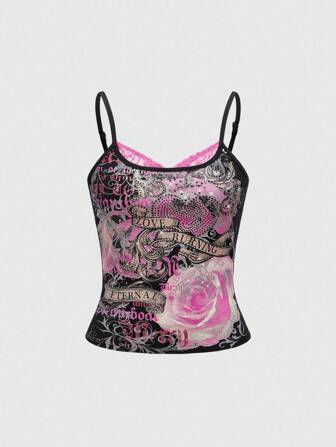 Grunge Punk Top tubo ceñido con estampado retro romántico de rosas, vid y decoración de cristales en forma de corazón, ideal para el verano y festivales de música