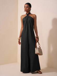 Zivah 2025 Women Summer New Music Festival, Easter, Mother's Day, Wedding Season, Daily Casual, Vacation, Cruise Travel, Beachwear Halter Backless Wide Leg Jumpsuit, Red-Brown Color Halter Neck Jumpsuit Black Jumpsuit