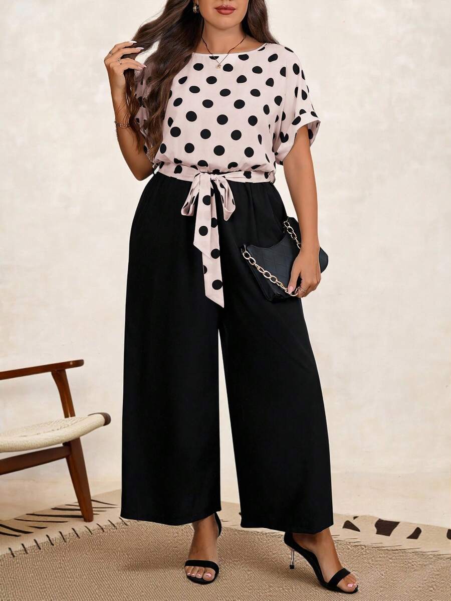 SHEIN Clasi Plus Size Women Polka Dot Print Butterfly Sleeve Loose Jumpsuit - Pink - View 1