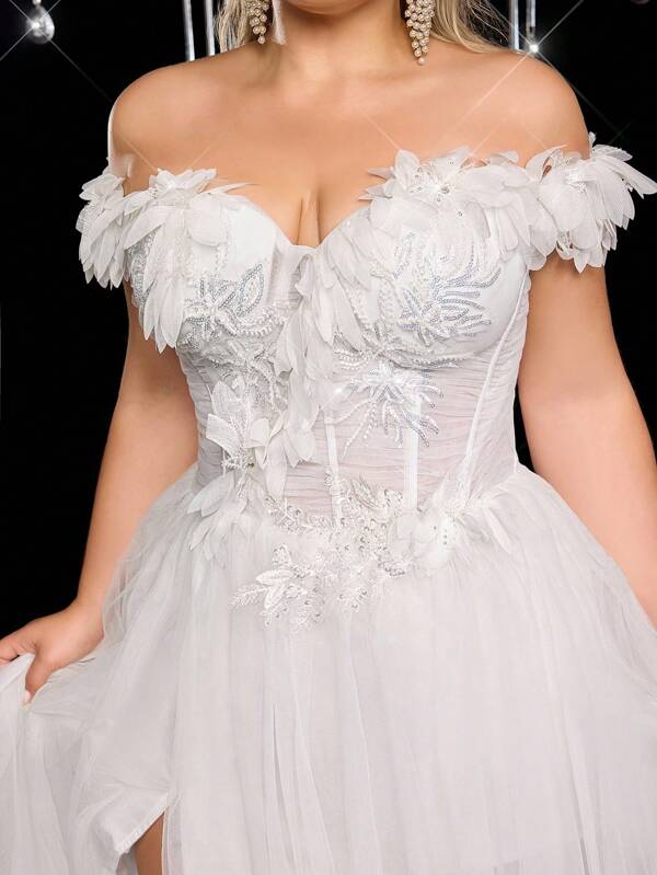 Glamrae Vestido de novia de talla grande elegante y glamouroso con escote de corazón Bardot, cintura alta, silueta entallada, abertura alta y decoración floral en 3D