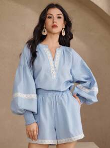 DAZY 2pcs/Set Women Embroidered V-Neck Lantern Sleeve Blouse And Elastic Waist Shorts Lounge Sets For Women - Blue - View 7