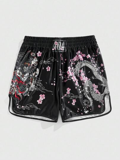 Anime Short d'été décontracté à taille élastique pour homme, imprimé dragon chinois et fleurs