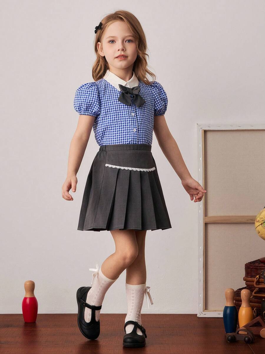 PrepCrw Conjunto de Blusa de Manga Curta com Gola Contraste e Saia Plissada Mini de Estilo Preppy para Jovens Garotas - Multicolorido - Visão 1