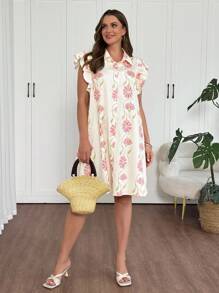 Vionelle Đầm mini cổ bèo in hoa cỡ lớn cho nữ - Nhiều màu - Xem 5