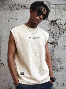 Manfinity EMRG 男士夏季字母印花圆领休闲宽松背心 - 卡其色 - 查看 3