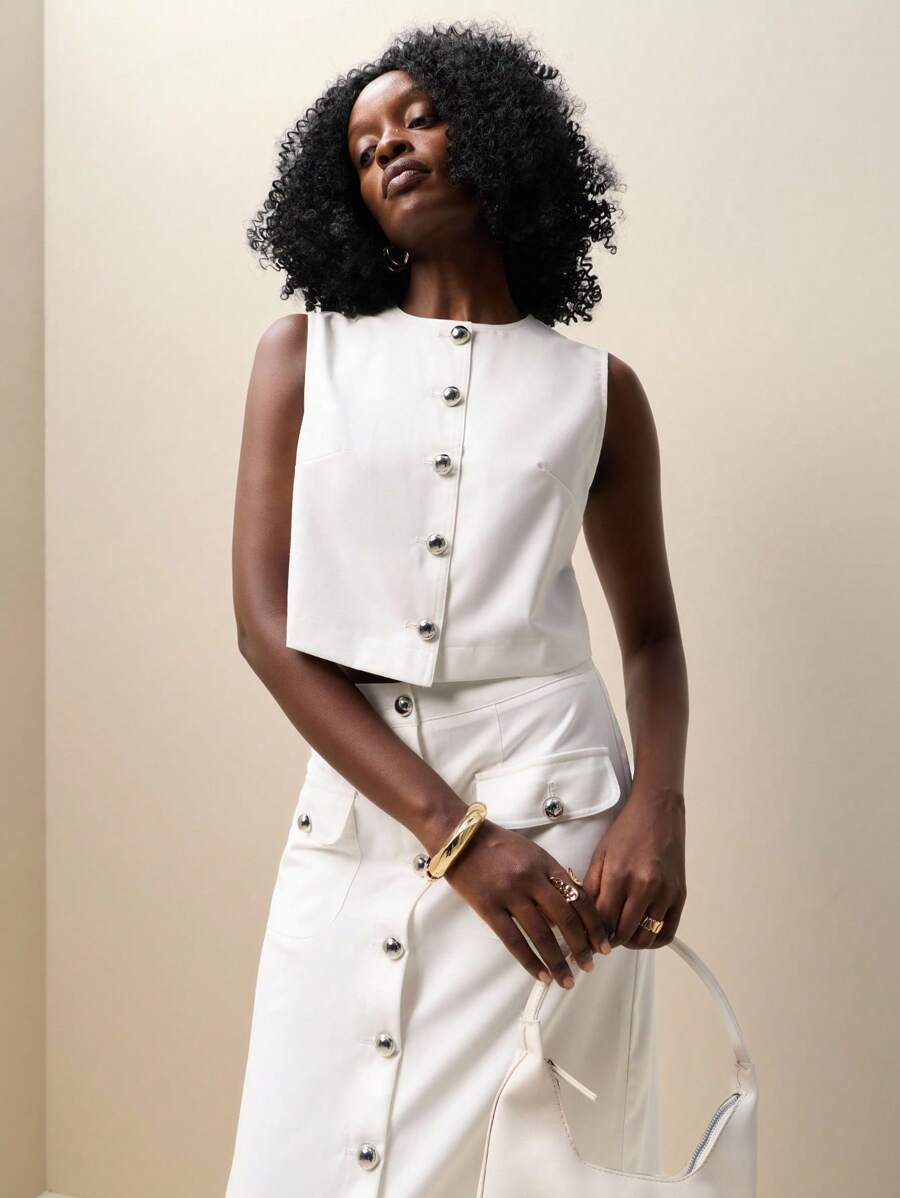 Zolique New Women's Fashion Top With Exquisite Metal Buttons – Highlighting Feminine Charm - White - View 1