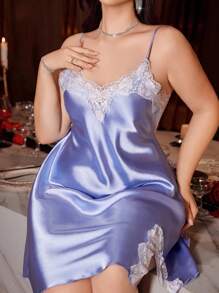 SilkySpell Plus Size Contrast Color Ruffle Hem Split Hem Sexy Faux Silk Camisole Short Nightgown Satin Nightgown Lace Nightgown Silk Nightgown Satin Slip Dress Blue Lingerie Dress