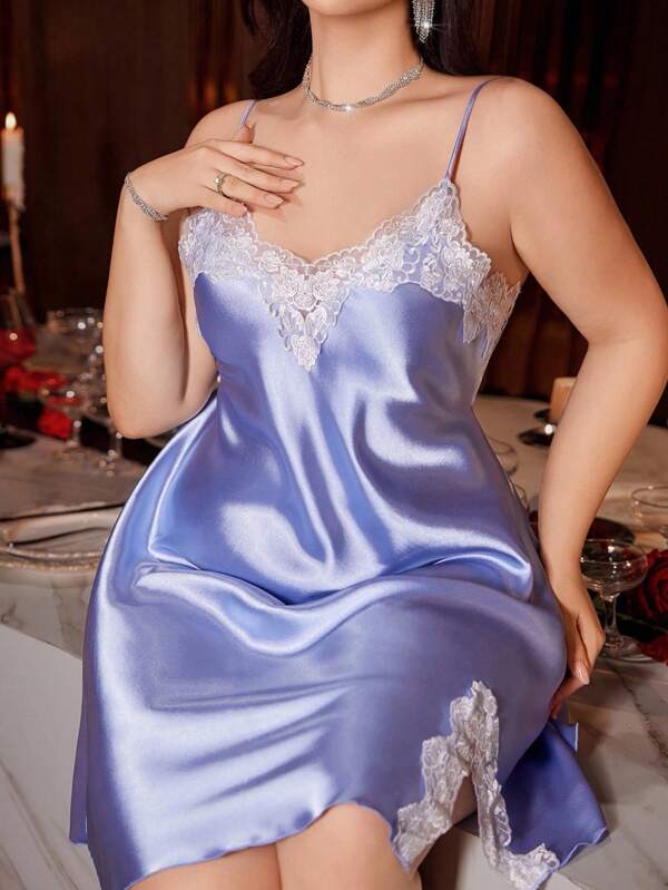 SilkySpell Plus Size Contrast Color Ruffle Hem Split Hem Sexy Faux Silk Camisole Short Nightgown Satin Nightgown Lace Nightgown Silk Nightgown Satin Slip Dress Blue Lingerie Dress
