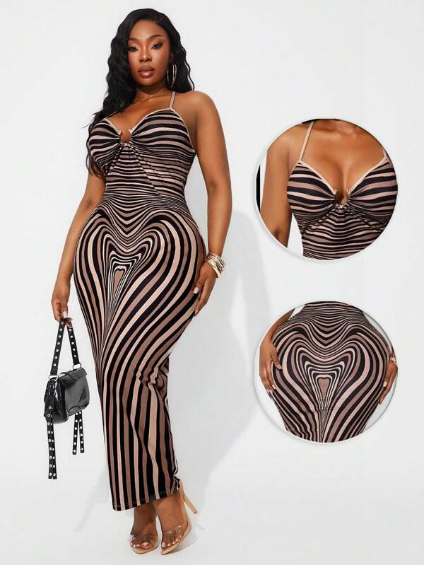 SHEIN SXY Rochie lungă de seară pentru femei, mărime plus, primăvară-vară, elegantă, sexy, de zi cu zi, de bază, ținute de vacanță, plajă, elegantă, casual, festival de muzică, multicoloră, imitație de linie umană, imprimeu zebră, cu halter, slim-fit