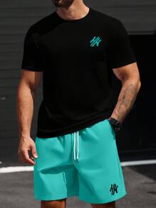 Manfinity CasualCool Conjunto de camiseta casual de manga corta con cuello redondo y estampado de letras, y pantalón corto con cintura con cordón, talla grande para hombre
