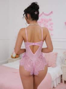 SHEIN 粉色缎面蕾丝拼接透视迷人荷叶边多层蛋糕设计开裆可爱性感紧身衣，适合女性外出穿着