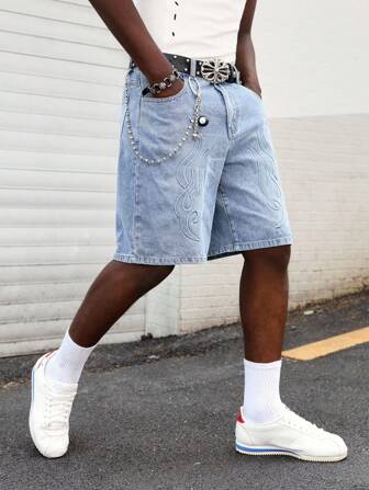 Street Life Pantaloncini di jeans casual da uomo lavati in acqua, con ricamo a fiamma e tasche oblique, larghi, estivi