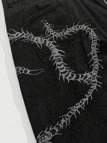 ROMWE MEN Goth 男士蜈蚣印花口袋宽松阔腿休闲牛仔短裤