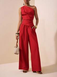 Zivah 2025 Sommer Neuer Stil Musikfestival Ostern Muttertag Hochzeit Geburtstag Party Täglicher Ausgang Grundlegend und vielseitig Lässig Internet-Star Heißer Stil Elegante Pendler Business Lässig Asymmetrischer Saum Frauen Top und Gerade Hose Khaki Frauen Zweiteiler Set Einschultrig Jumpsuit Einschultrig Roter Jumpsuit Rote Weite Bein Jumpsuit