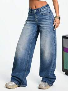 EURMUSE 女式低腰口袋设计宽松休闲百搭牛仔裤 - 中等水洗藍 - 查看 1