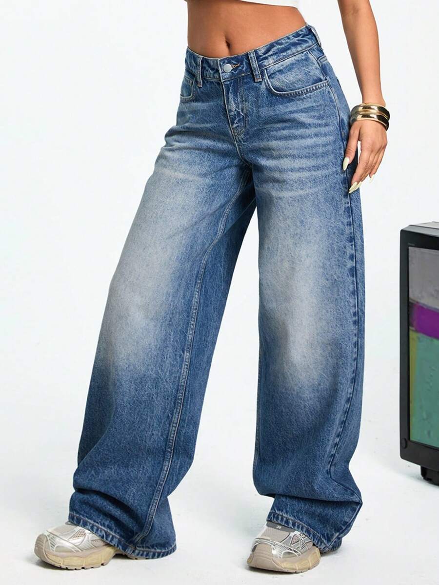 EURMUSE 女式低腰口袋设计宽松休闲百搭牛仔裤 - 中等水洗藍 - 查看 1