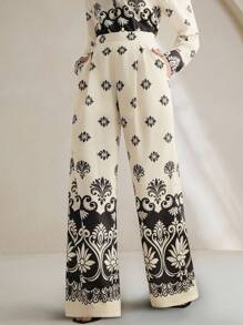 Anewsta Vintage Niche Black Asymmetric Print High Waist Loose Wide-Leg Pants