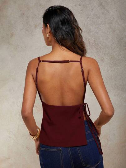 COSMINA Women's Summer Sexy Solid Color Backless Side Slit Camisole