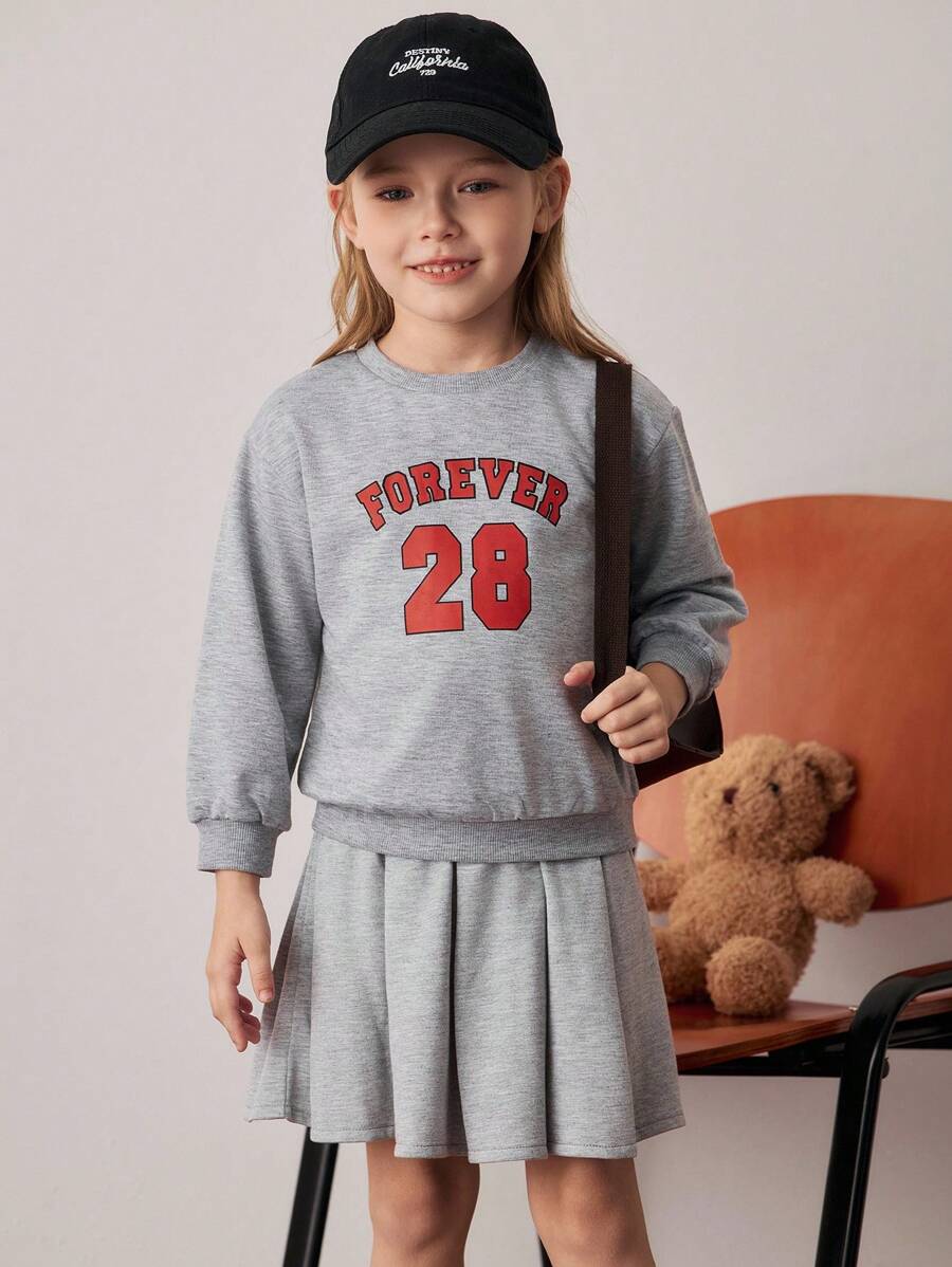 PrepCrw 2 pièces/Set Style universitaire pour filles Sweat-shirt à imprimé lettres et jupe plissée