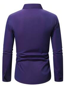 Calvornis Men's Solid Color Front Button Up Casual Long Sleeve Shirt - Purple - View 2