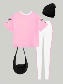 SHEIN 2pcs/Set Girls Casual Floral, Leopard Print & Number 23 Design Short Sleeve T-Shirt + Long Pants Set, Back To School Sporty Outfit Girls Leopard Print Shirt Pink And White Girls Outfit Tween Girls Clothing Set Girls Sporty Outfit Girls Leggings Set Pink And White Outfit For Girls Tween Leggings Summer Holiday - Multicolor - View 2