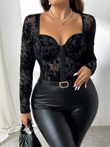 Firerie Bộ đồ liền thân dài tay họa tiết hoa thanh lịch, thoải mái, giản dị cỡ lớn dành cho nữ có gọng cúp ngực, thích hợp cho tiệc tùng, đêm hẹn hò, sự kiện - màu đen - Xem 6