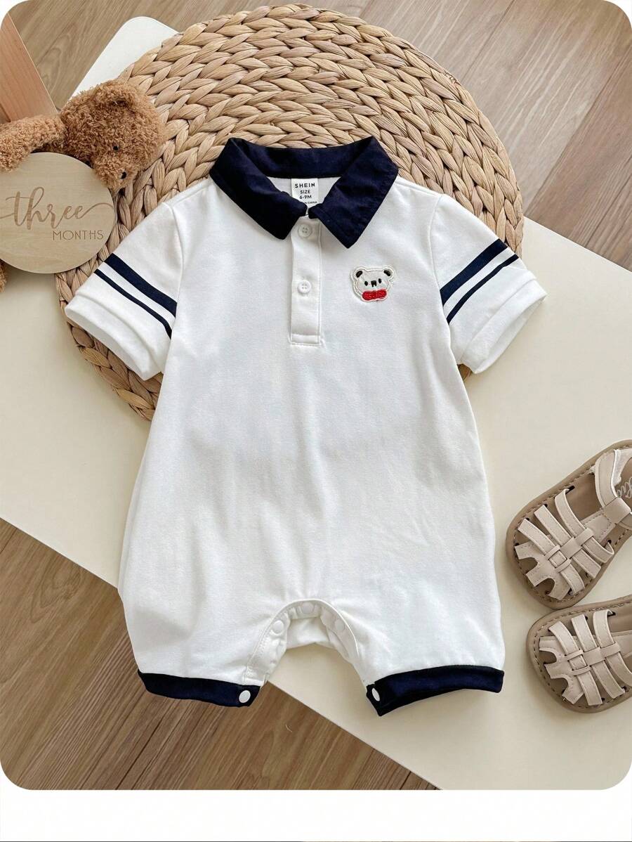 Baby Bear Color Block Polo Collar Short Sleeve Romper With Shorts