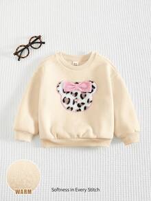 Cozy Pixies 女婴蝴蝶结豹纹熊头图案圆领长袖套头卫衣，休闲运动外套，百搭女婴卫衣，豹纹女婴卫衣，女婴动物印花卫衣，女婴豹纹卫衣，女婴动物印花卫衣，女婴动物印花卫衣，女婴豹纹卫衣，女婴豹纹女童服装，豹纹女婴，秋冬季 - 杏色 - 查看 3