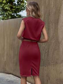 EURMUSE Cotton Solid Tank Top & Drawstring Waist Skirt - Burgundy - View 2