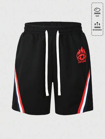 Street Life Pantalones cortos casuales holgados para hombres con cordón en la cintura y bolsillos con diseño de rayas y letras