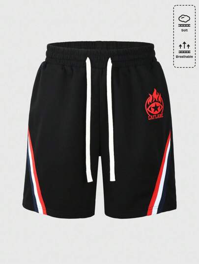 Prep Men's Letter Striped Drawstring Waist Pockets Loose Casual Shorts