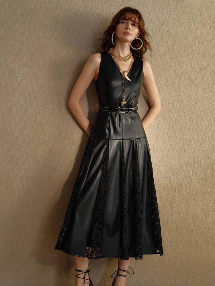 ELEGANT DATE NIGHT FAUX LEATHER PATCHWORK HOLLOW-OUT LACE WAIST MAXI DRESS